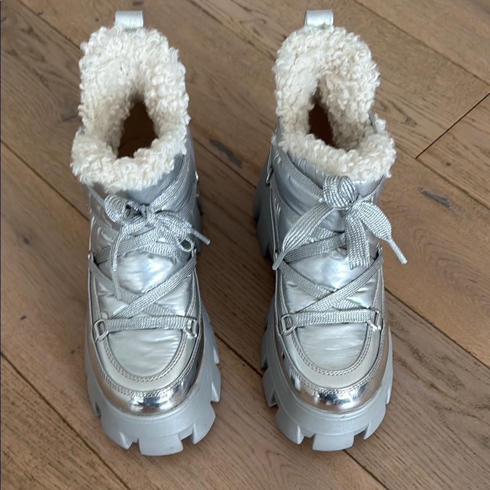 Chunky Silver Boots with Faux Fur NWT
